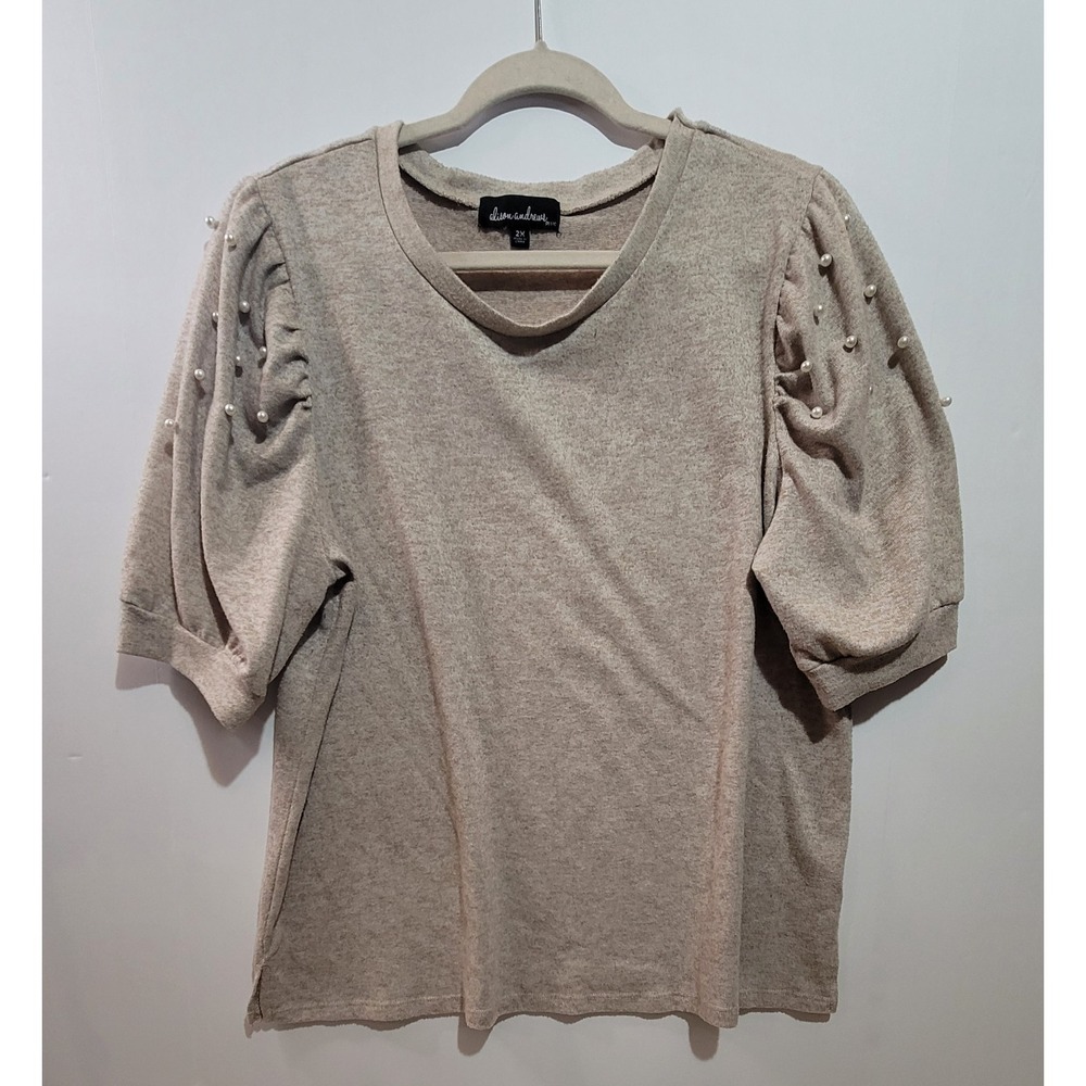 Women's Beige Pearl Puff Sleeve Knit Top Sweater Blouse Casual Cozy Holiday 2x